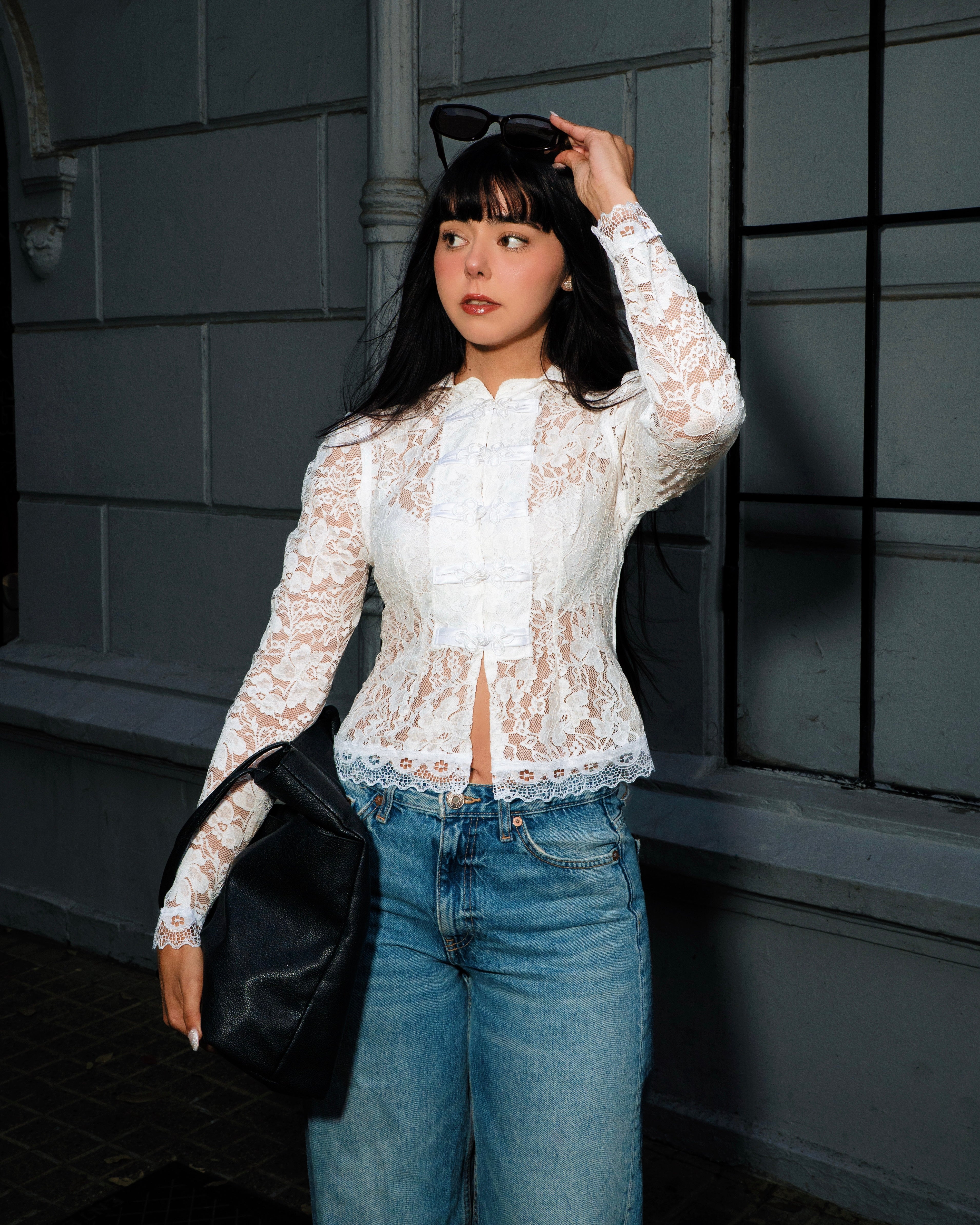 Yin Lace Top Manga Larga