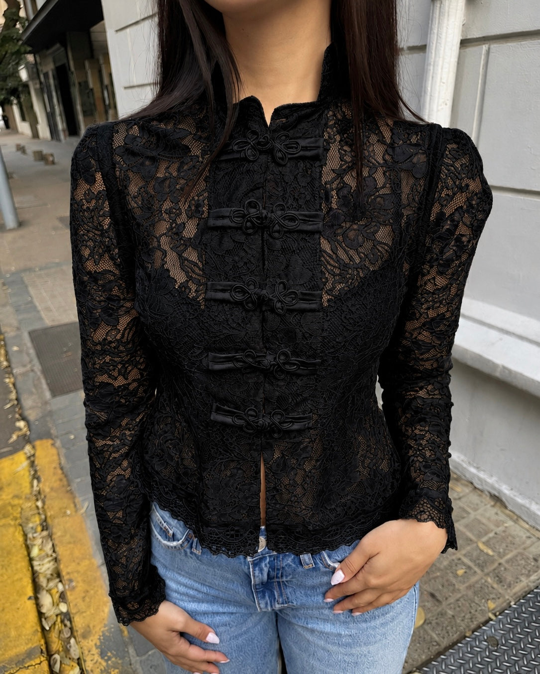 Yin Lace Top Manga Larga